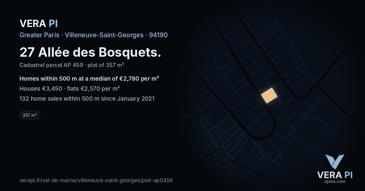 27 Allée des Bosquets, Villeneuve-Saint-Georges at night – the plot lit, the parcels around coloured by the prices near them