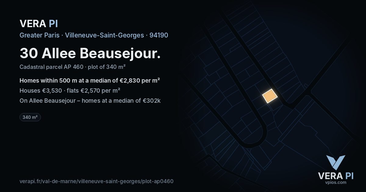 30 Allee Beausejour, Villeneuve-Saint-Georges at night – the plot lit, the parcels around coloured by the prices near them