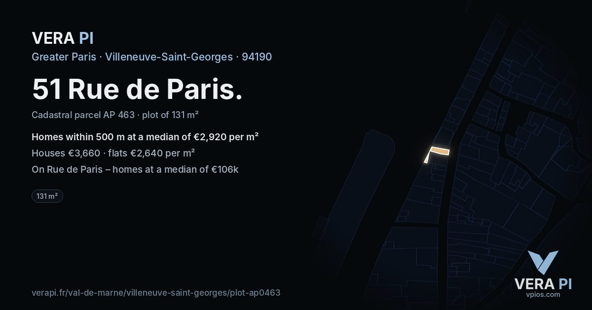 51 Rue de Paris, Villeneuve-Saint-Georges at night – the plot lit, the parcels around coloured by the prices near them