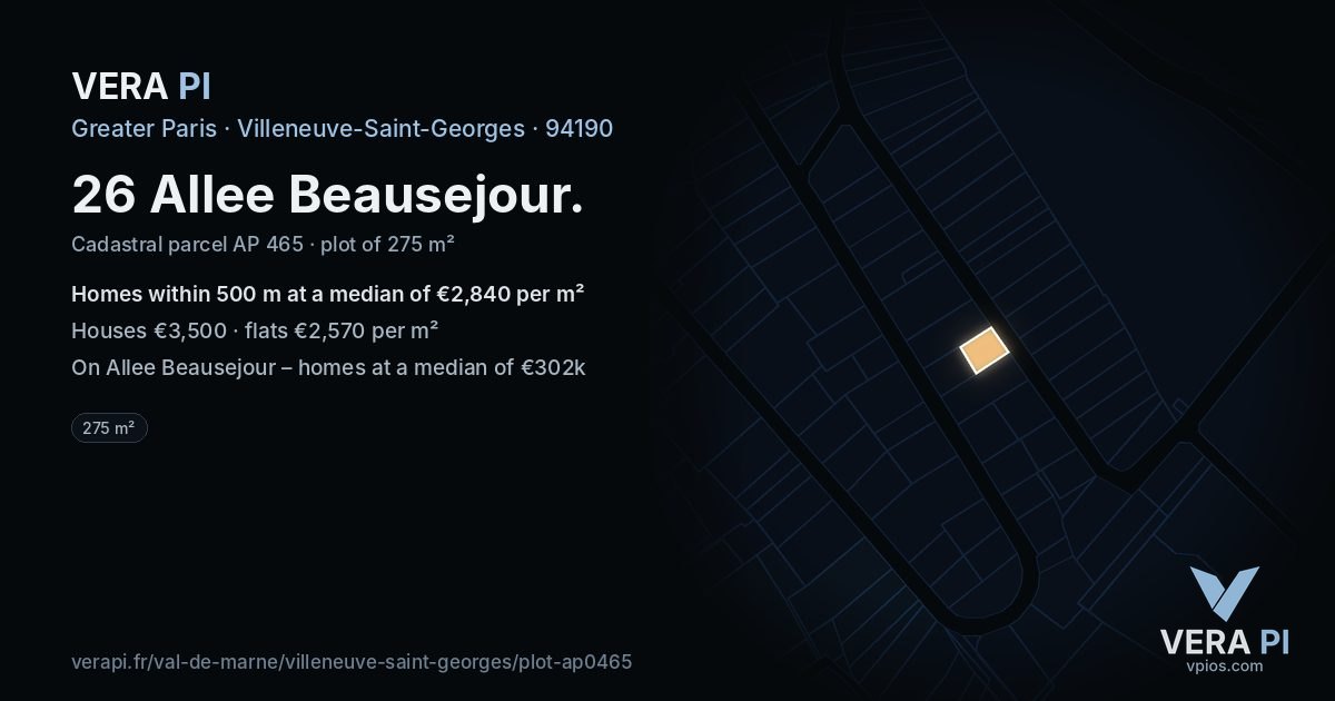 26 Allee Beausejour, Villeneuve-Saint-Georges at night – the plot lit, the parcels around coloured by the prices near them