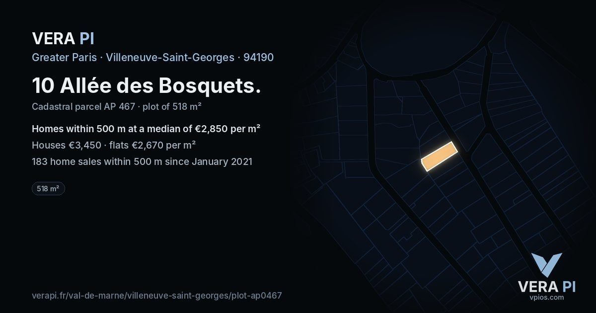 10 Allée des Bosquets, Villeneuve-Saint-Georges at night – the plot lit, the parcels around coloured by the prices near them