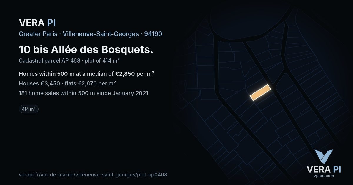 10 bis Allée des Bosquets, Villeneuve-Saint-Georges at night – the plot lit, the parcels around coloured by the prices near them