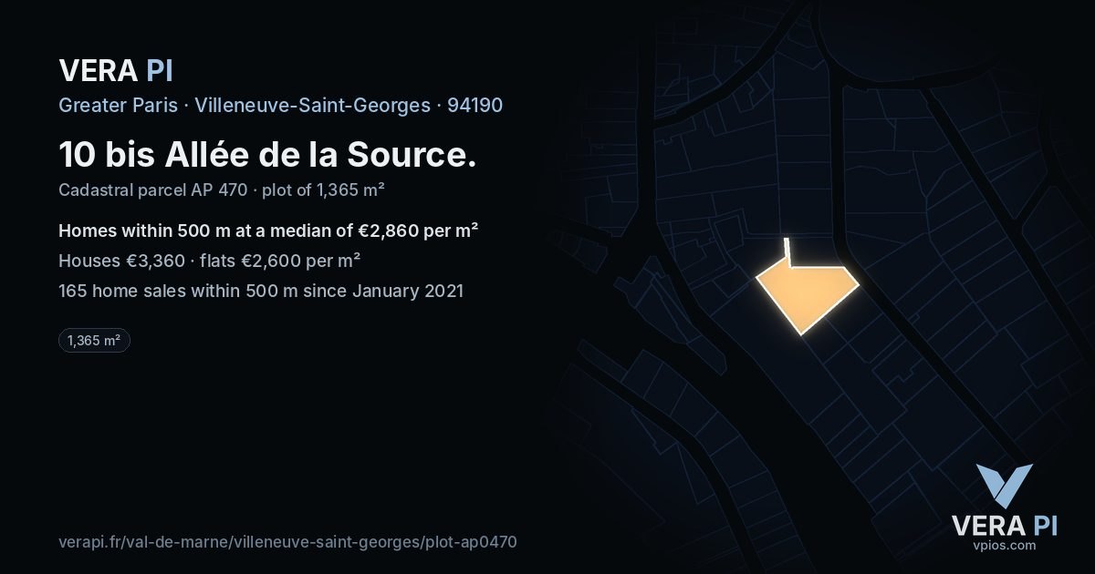 10 bis Allée de la Source, Villeneuve-Saint-Georges at night – the plot lit, the parcels around coloured by the prices near them