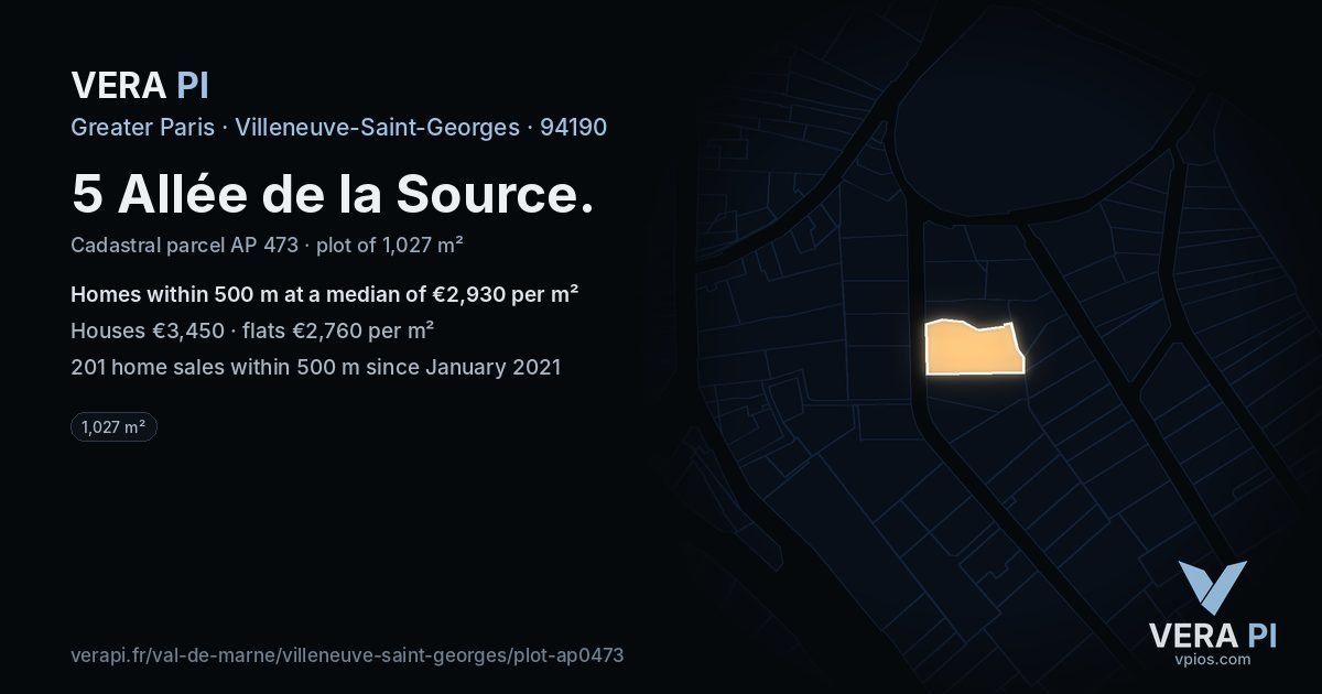 5 Allée de la Source, Villeneuve-Saint-Georges at night – the plot lit, the parcels around coloured by the prices near them