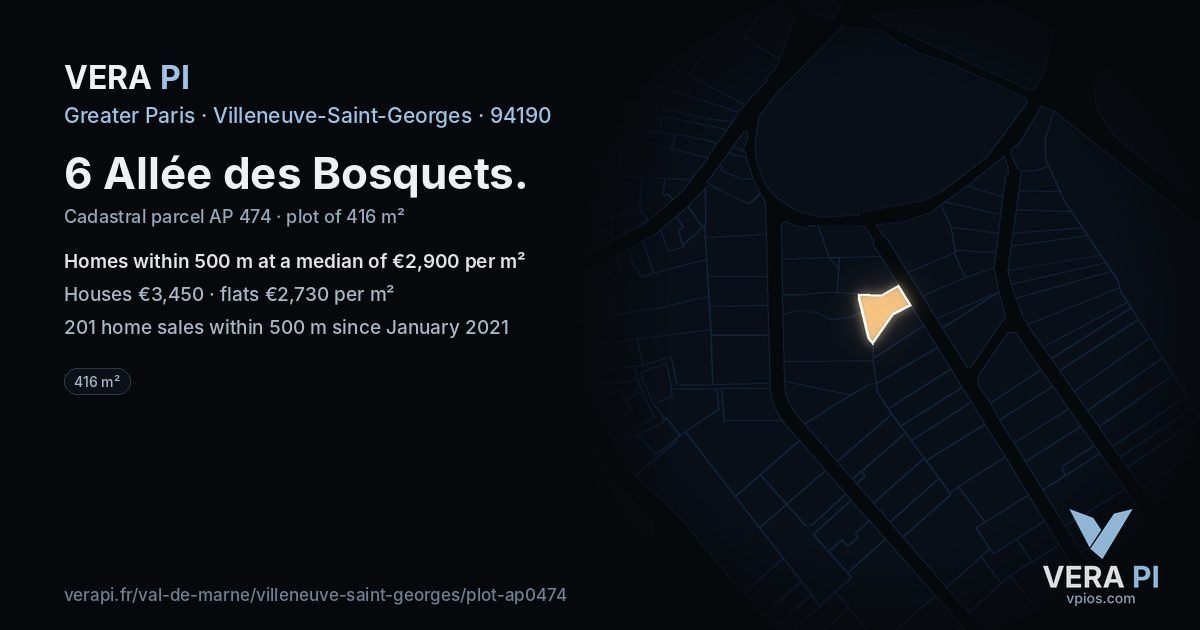 6 Allée des Bosquets, Villeneuve-Saint-Georges at night – the plot lit, the parcels around coloured by the prices near them