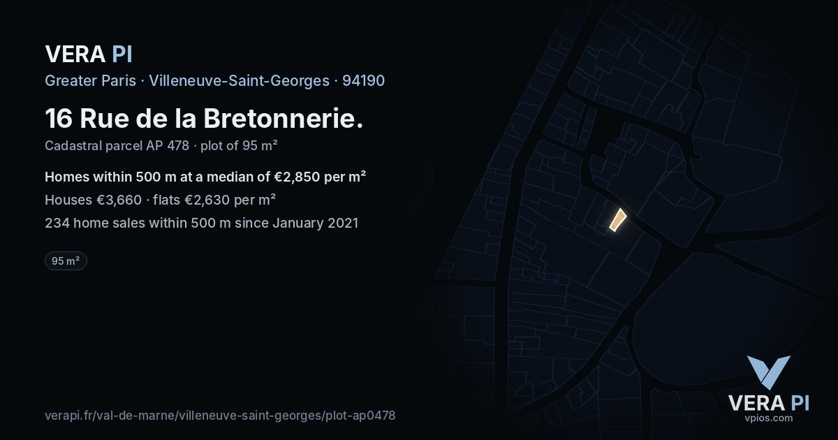 16 Rue de la Bretonnerie, Villeneuve-Saint-Georges at night – the plot lit, the parcels around coloured by the prices near them