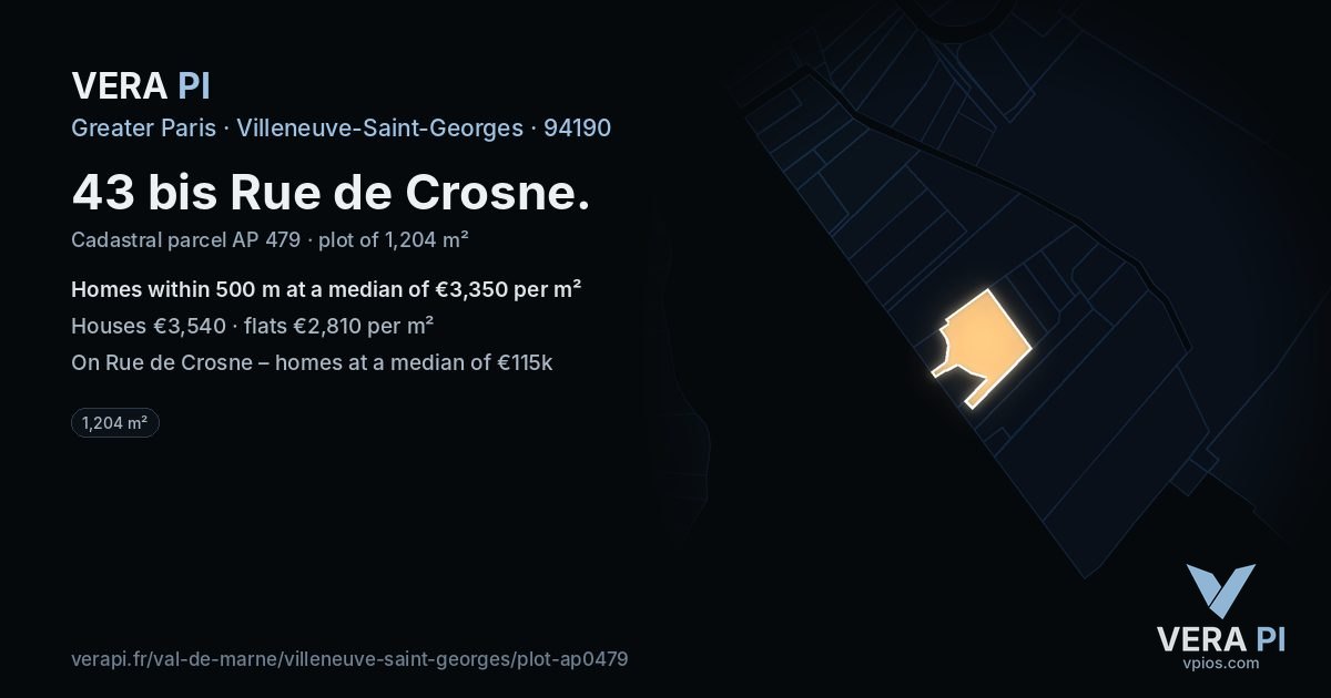 43 bis Rue de Crosne, Villeneuve-Saint-Georges at night – the plot lit, the parcels around coloured by the prices near them