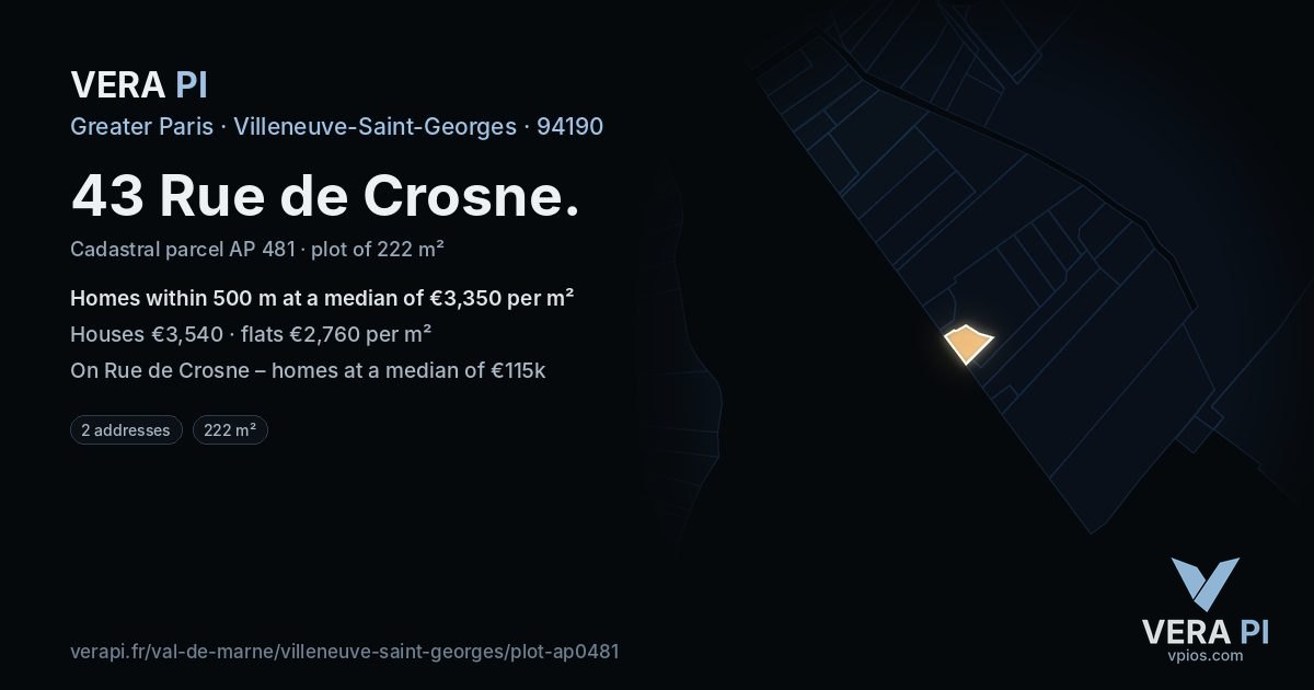 43 Rue de Crosne, Villeneuve-Saint-Georges at night – the plot lit, the parcels around coloured by the prices near them