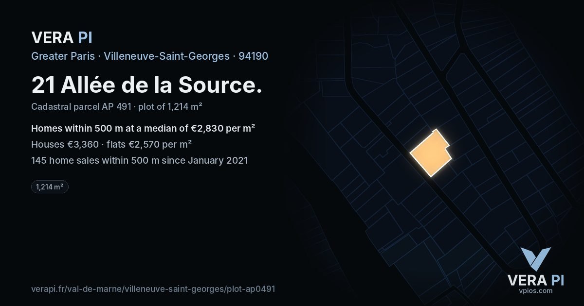 21 Allée de la Source, Villeneuve-Saint-Georges at night – the plot lit, the parcels around coloured by the prices near them