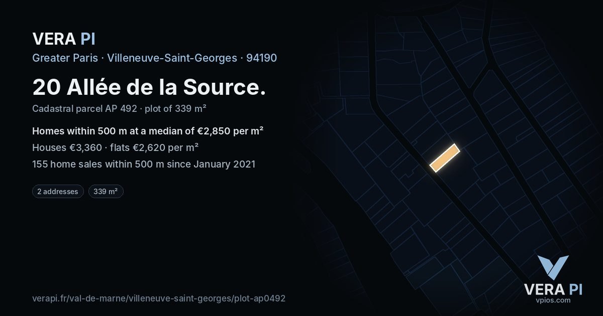 20 Allée de la Source, Villeneuve-Saint-Georges at night – the plot lit, the parcels around coloured by the prices near them