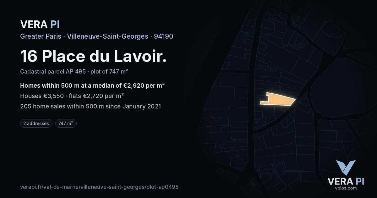16 Place du Lavoir, Villeneuve-Saint-Georges at night – the plot lit, the parcels around coloured by the prices near them