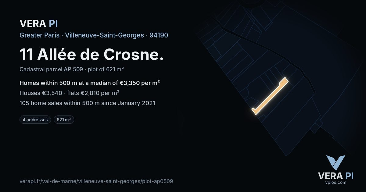 11 Allée de Crosne, Villeneuve-Saint-Georges at night – the plot lit, the parcels around coloured by the prices near them