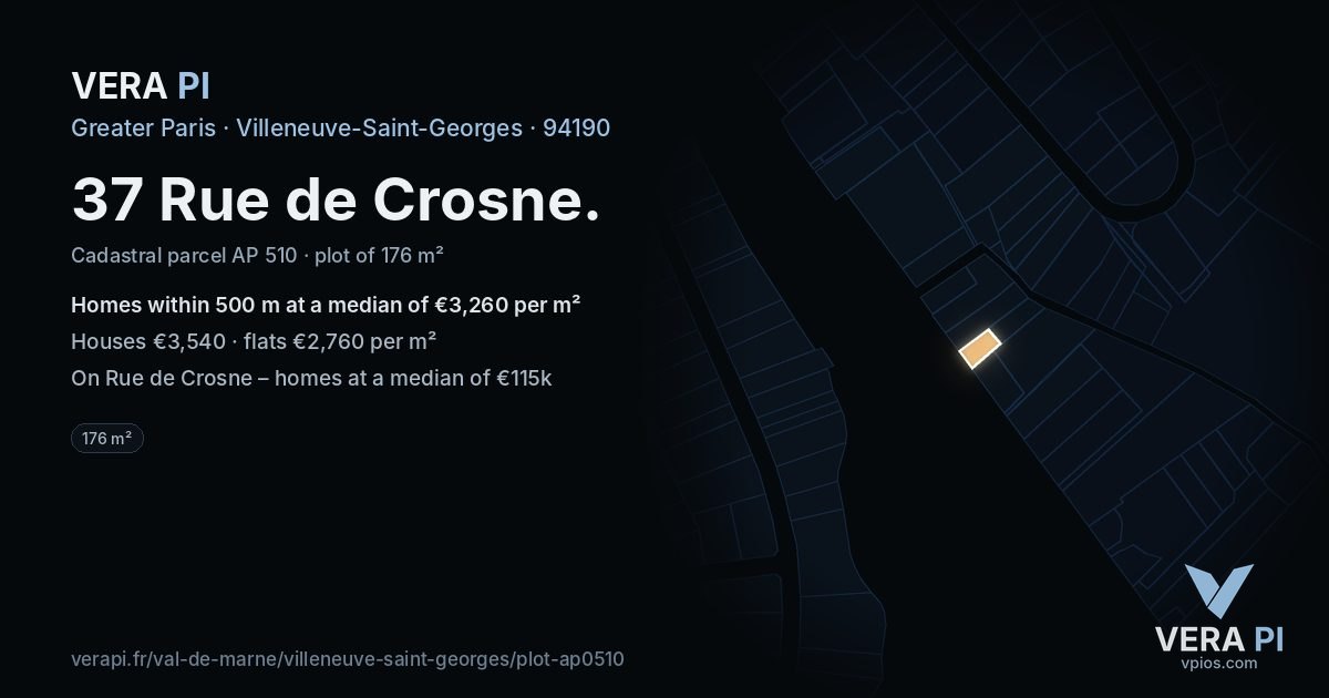 37 Rue de Crosne, Villeneuve-Saint-Georges at night – the plot lit, the parcels around coloured by the prices near them