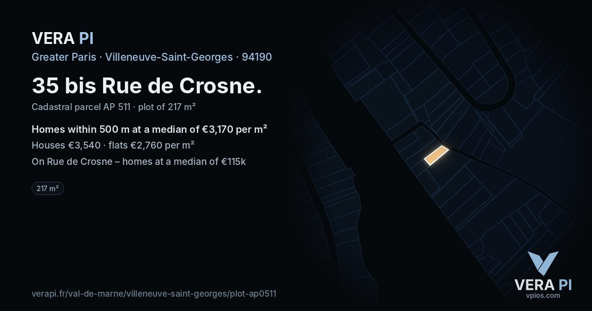 35 bis Rue de Crosne, Villeneuve-Saint-Georges at night – the plot lit, the parcels around coloured by the prices near them