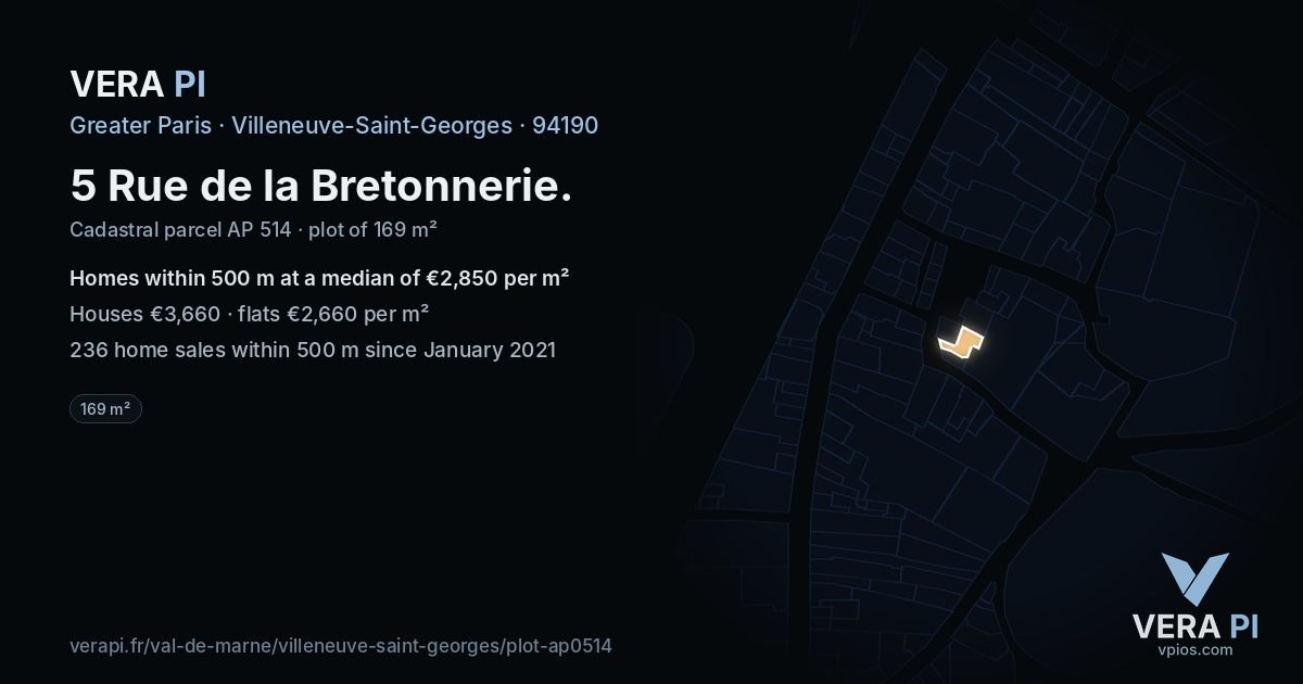 5 Rue de la Bretonnerie, Villeneuve-Saint-Georges at night – the plot lit, the parcels around coloured by the prices near them