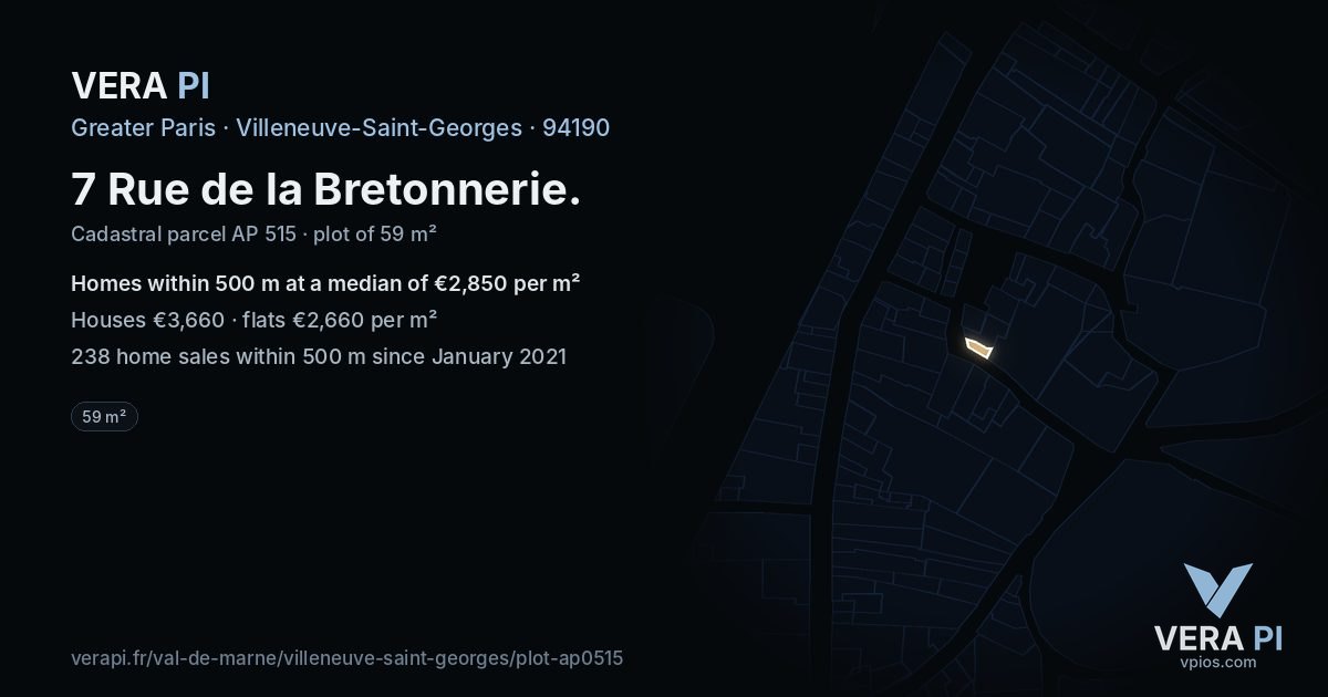 7 Rue de la Bretonnerie, Villeneuve-Saint-Georges at night – the plot lit, the parcels around coloured by the prices near them