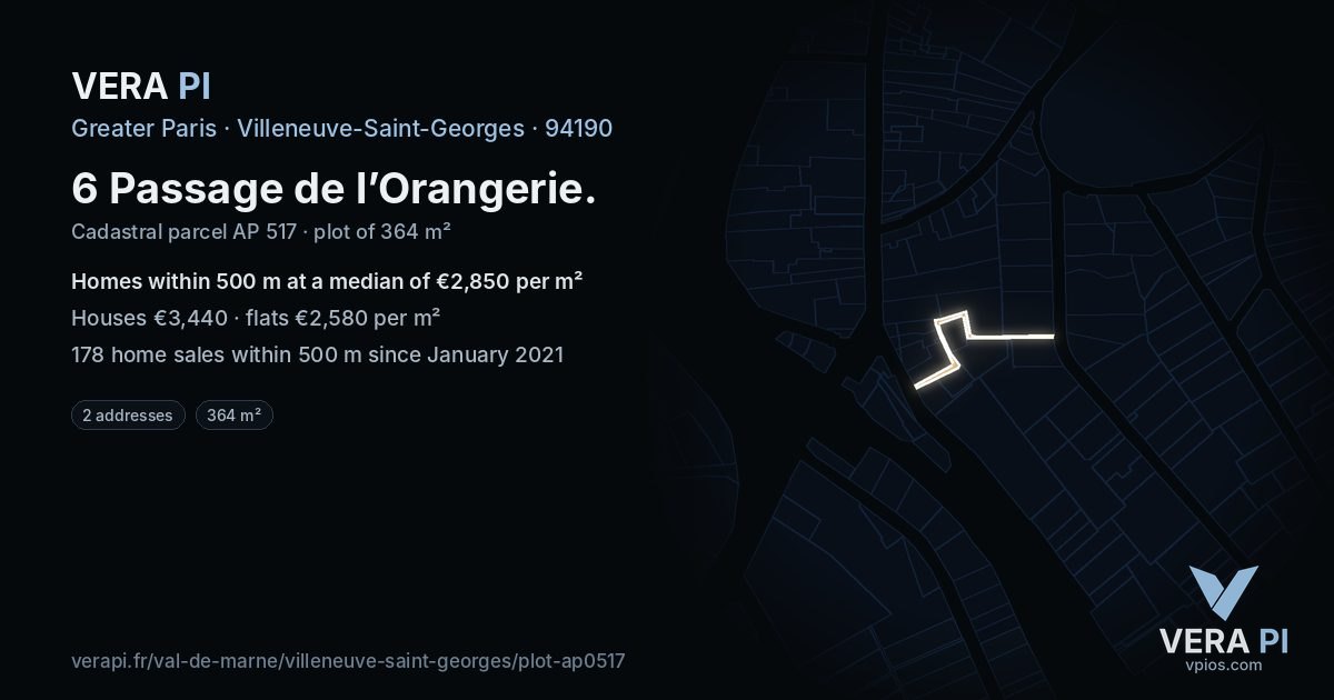 6 Passage de l’Orangerie, Villeneuve-Saint-Georges at night – the plot lit, the parcels around coloured by the prices near them