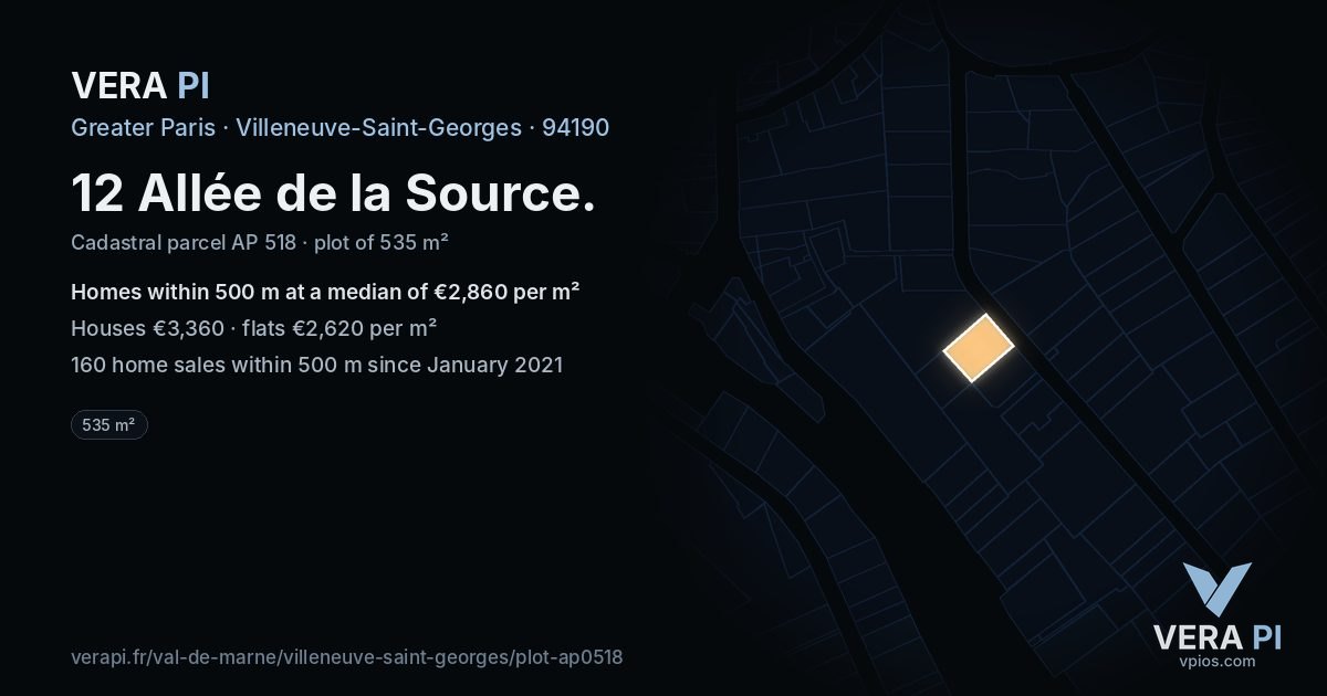 12 Allée de la Source, Villeneuve-Saint-Georges at night – the plot lit, the parcels around coloured by the prices near them