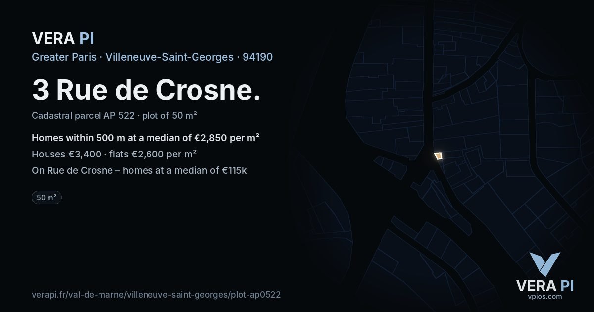 3 Rue de Crosne, Villeneuve-Saint-Georges at night – the plot lit, the parcels around coloured by the prices near them