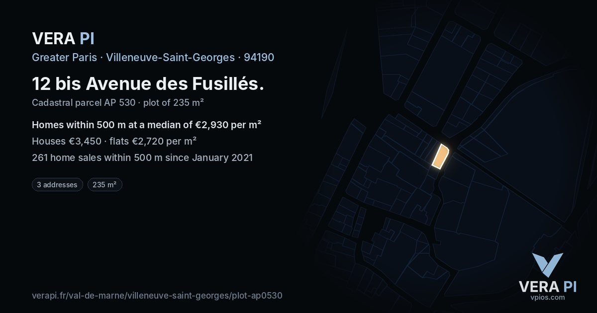 12 bis Avenue des Fusillés, Villeneuve-Saint-Georges at night – the plot lit, the parcels around coloured by the prices near them