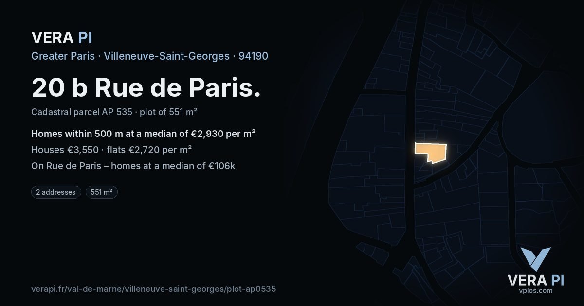 20 b Rue de Paris, Villeneuve-Saint-Georges at night – the plot lit, the parcels around coloured by the prices near them