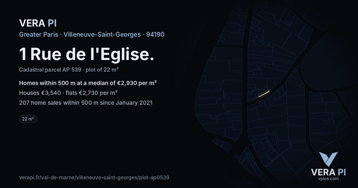 1 Rue de l'Eglise, Villeneuve-Saint-Georges at night – the plot lit, the parcels around coloured by the prices near them