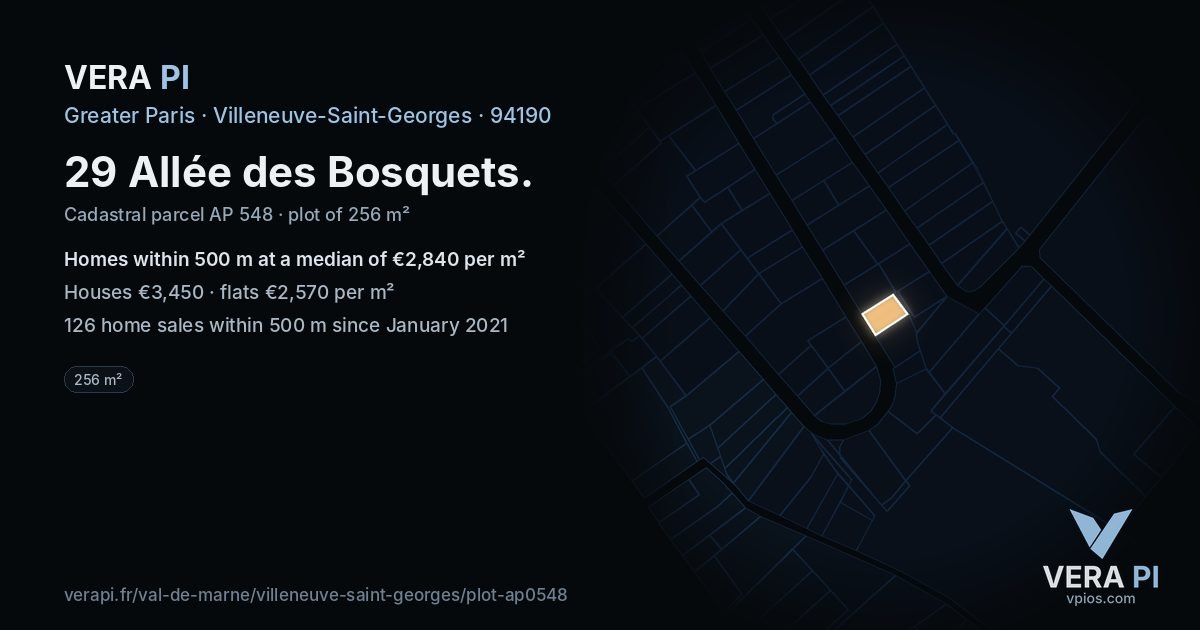 29 Allée des Bosquets, Villeneuve-Saint-Georges at night – the plot lit, the parcels around coloured by the prices near them