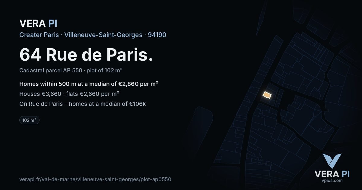 64 Rue de Paris, Villeneuve-Saint-Georges at night – the plot lit, the parcels around coloured by the prices near them