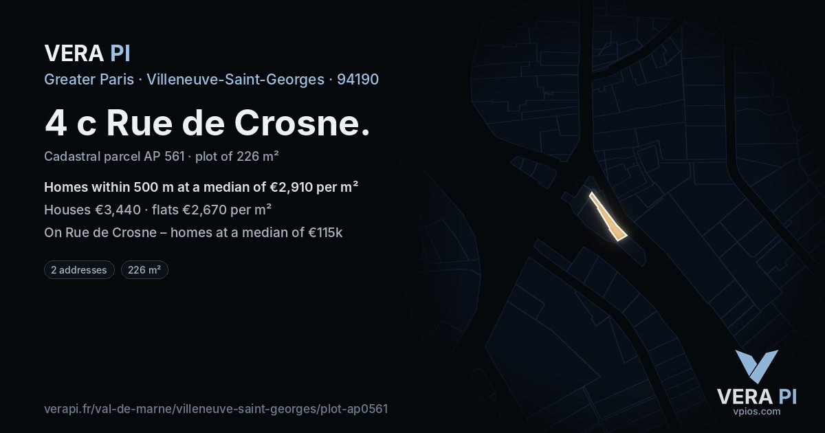 4 c Rue de Crosne, Villeneuve-Saint-Georges at night – the plot lit, the parcels around coloured by the prices near them