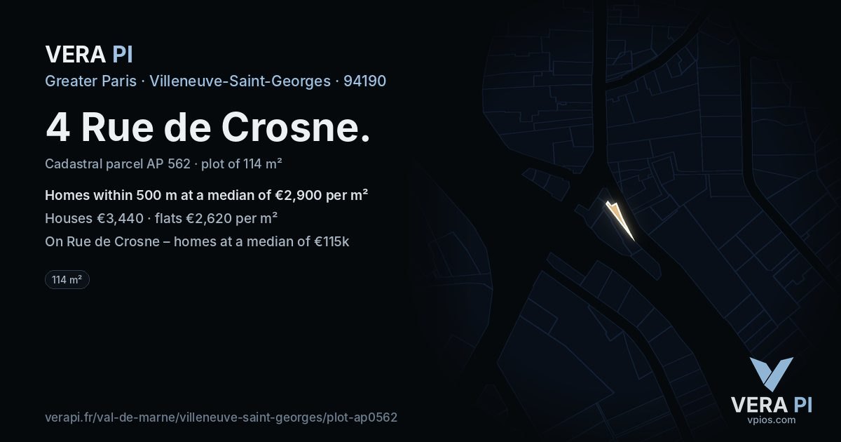 4 Rue de Crosne, Villeneuve-Saint-Georges at night – the plot lit, the parcels around coloured by the prices near them