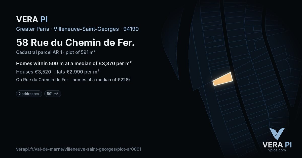 58 Rue du Chemin de Fer, Villeneuve-Saint-Georges at night – the plot lit, the parcels around coloured by the prices near them