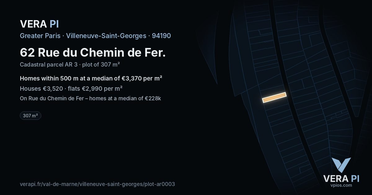62 Rue du Chemin de Fer, Villeneuve-Saint-Georges at night – the plot lit, the parcels around coloured by the prices near them