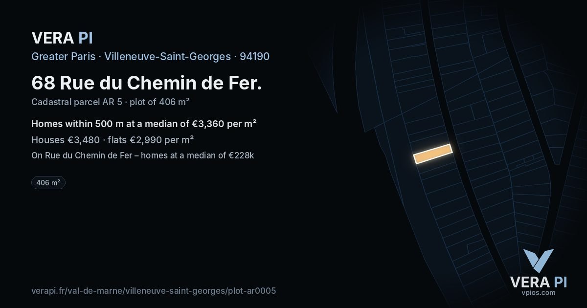 68 Rue du Chemin de Fer, Villeneuve-Saint-Georges at night – the plot lit, the parcels around coloured by the prices near them