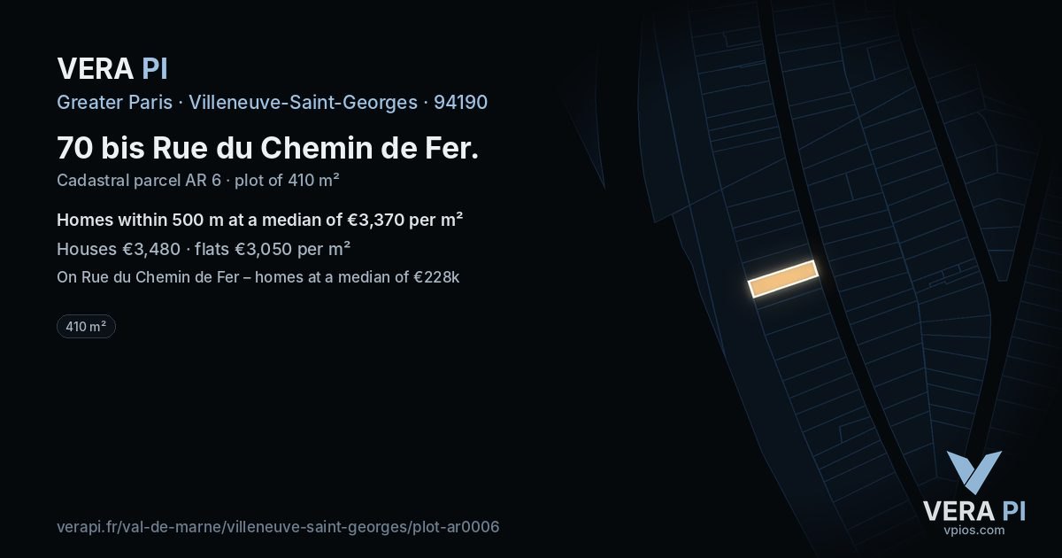 70 bis Rue du Chemin de Fer, Villeneuve-Saint-Georges at night – the plot lit, the parcels around coloured by the prices near them