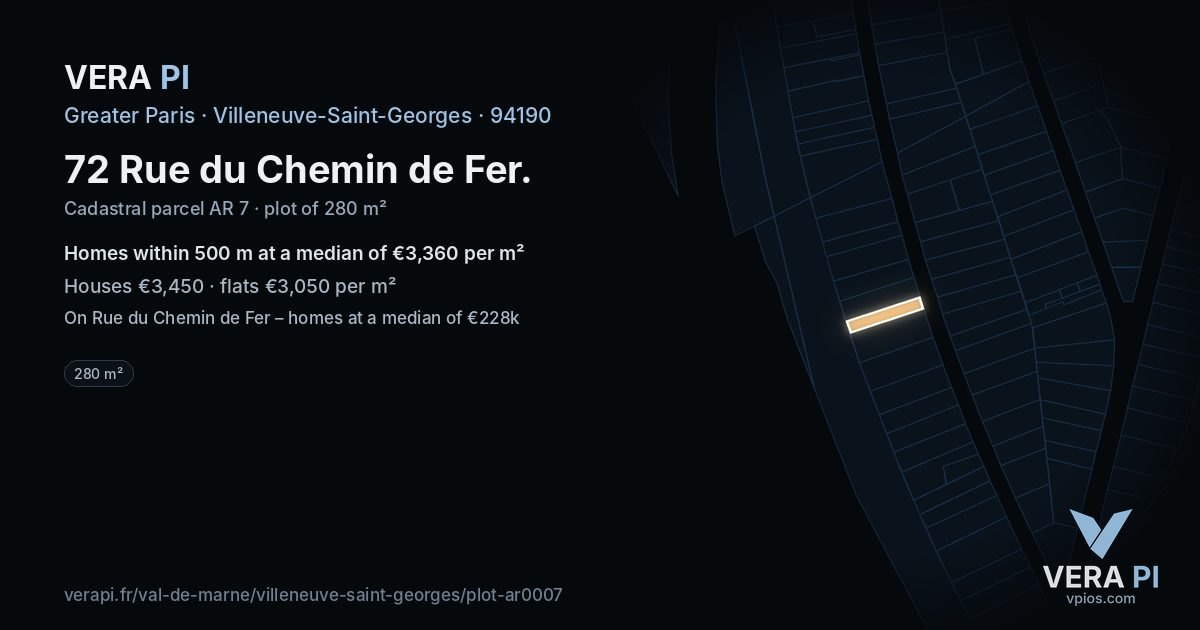 72 Rue du Chemin de Fer, Villeneuve-Saint-Georges at night – the plot lit, the parcels around coloured by the prices near them