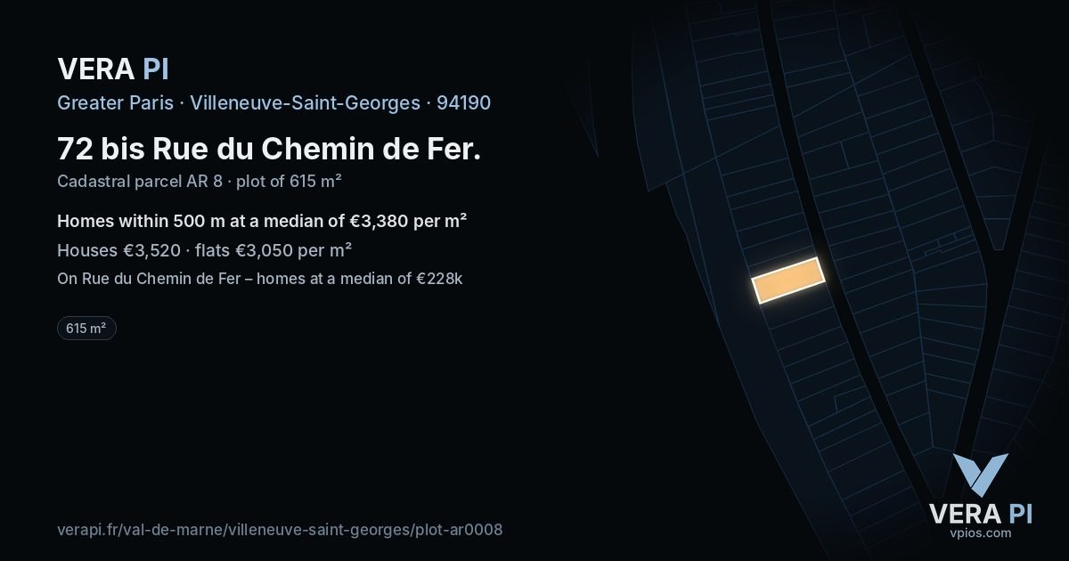 72 bis Rue du Chemin de Fer, Villeneuve-Saint-Georges at night – the plot lit, the parcels around coloured by the prices near them