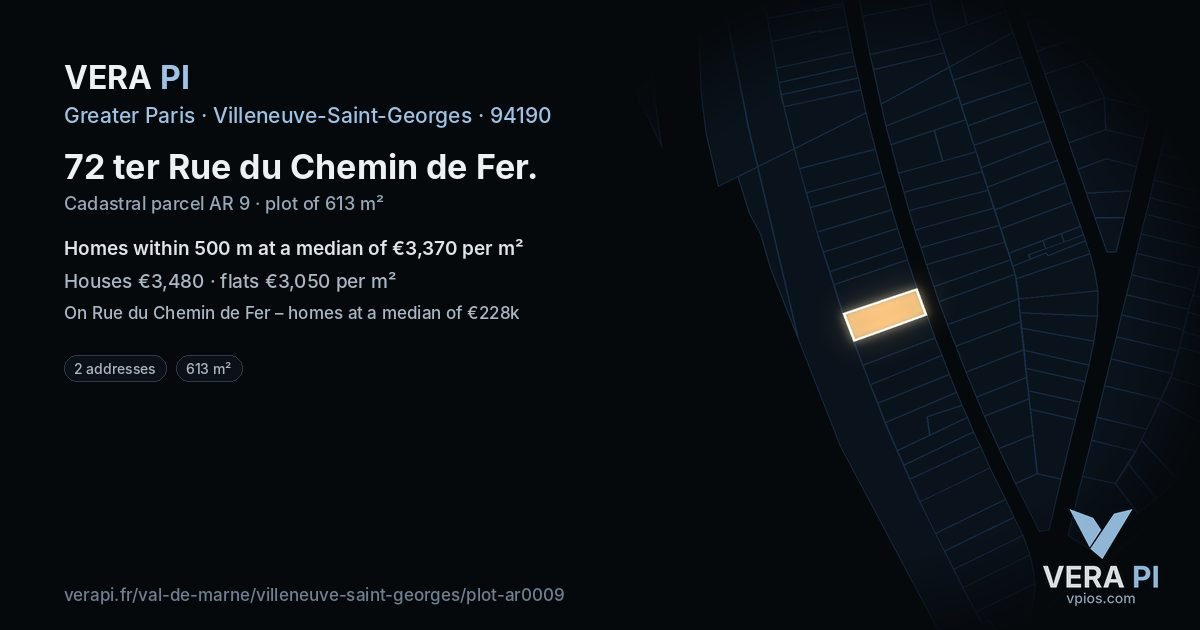 72 ter Rue du Chemin de Fer, Villeneuve-Saint-Georges at night – the plot lit, the parcels around coloured by the prices near them