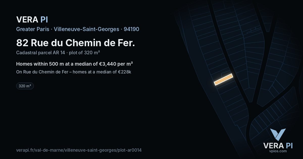 82 Rue du Chemin de Fer, Villeneuve-Saint-Georges at night – the plot lit, the parcels around coloured by the prices near them