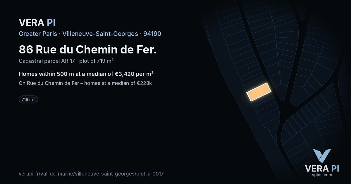 86 Rue du Chemin de Fer, Villeneuve-Saint-Georges at night – the plot lit, the parcels around coloured by the prices near them