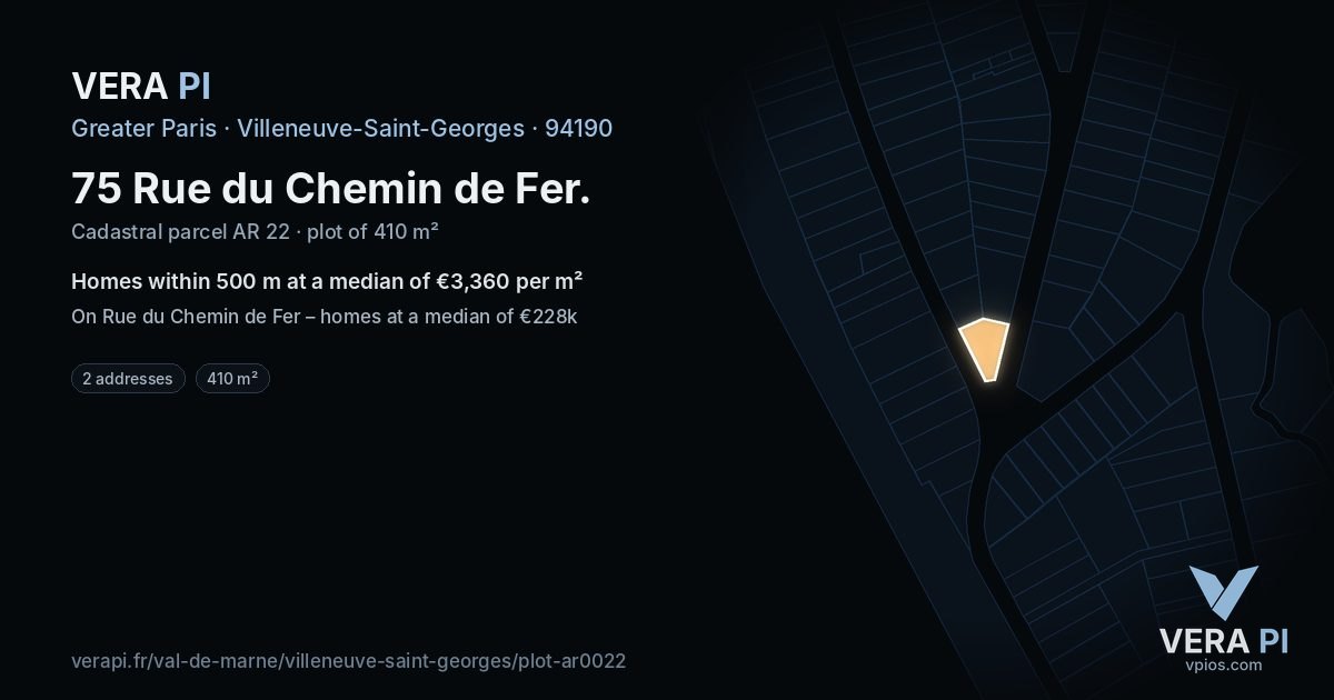 75 Rue du Chemin de Fer, Villeneuve-Saint-Georges at night – the plot lit, the parcels around coloured by the prices near them