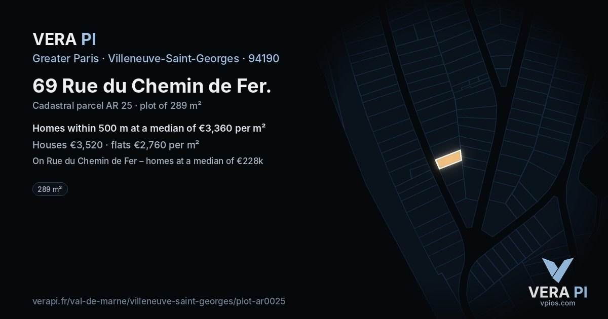 69 Rue du Chemin de Fer, Villeneuve-Saint-Georges at night – the plot lit, the parcels around coloured by the prices near them