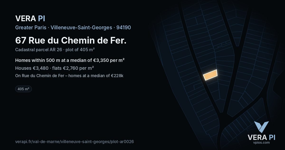 67 Rue du Chemin de Fer, Villeneuve-Saint-Georges at night – the plot lit, the parcels around coloured by the prices near them