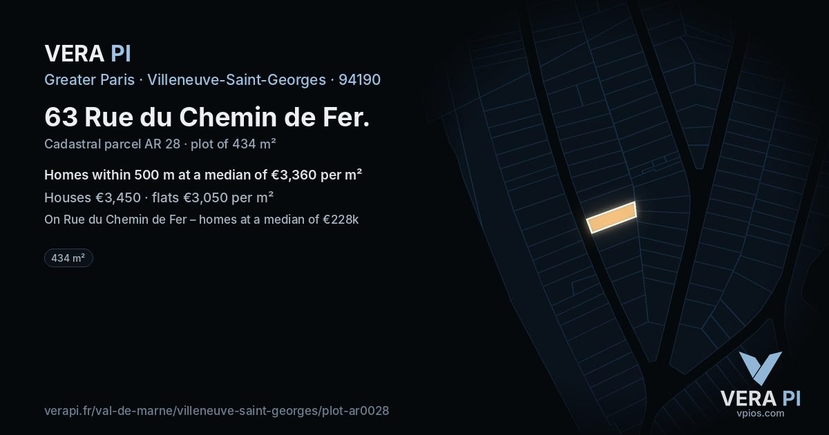63 Rue du Chemin de Fer, Villeneuve-Saint-Georges at night – the plot lit, the parcels around coloured by the prices near them