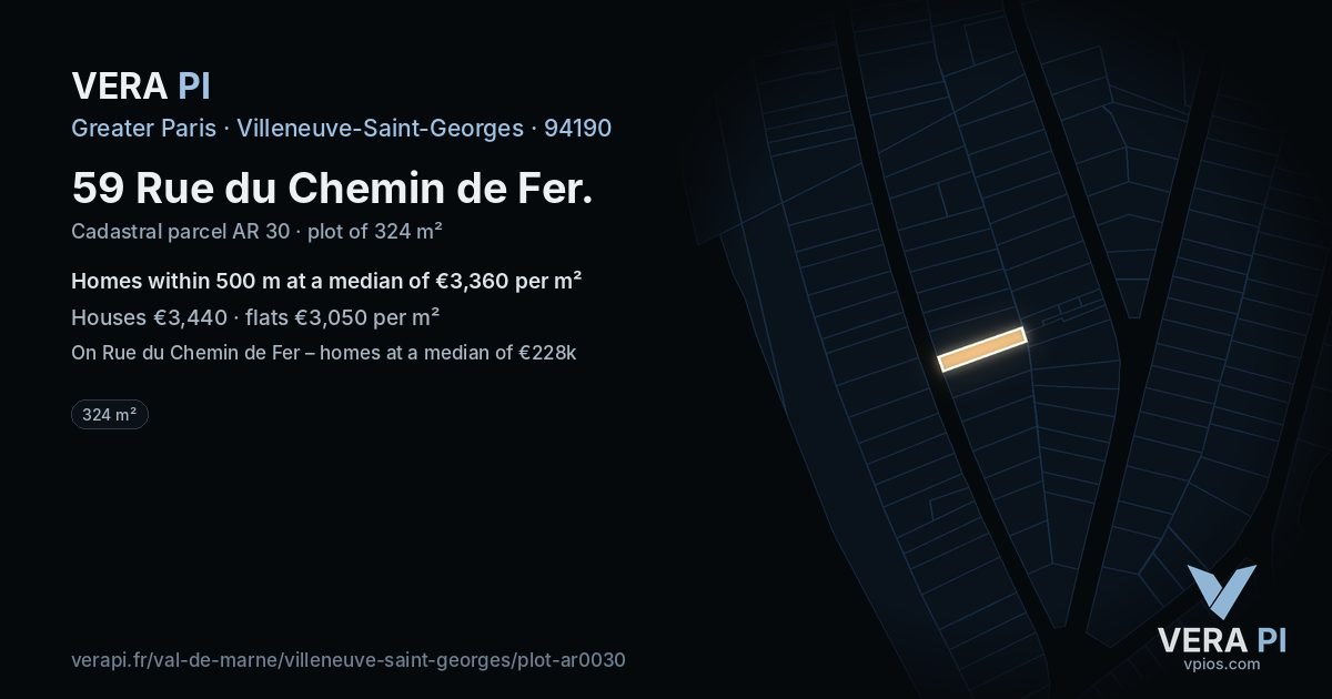 59 Rue du Chemin de Fer, Villeneuve-Saint-Georges at night – the plot lit, the parcels around coloured by the prices near them