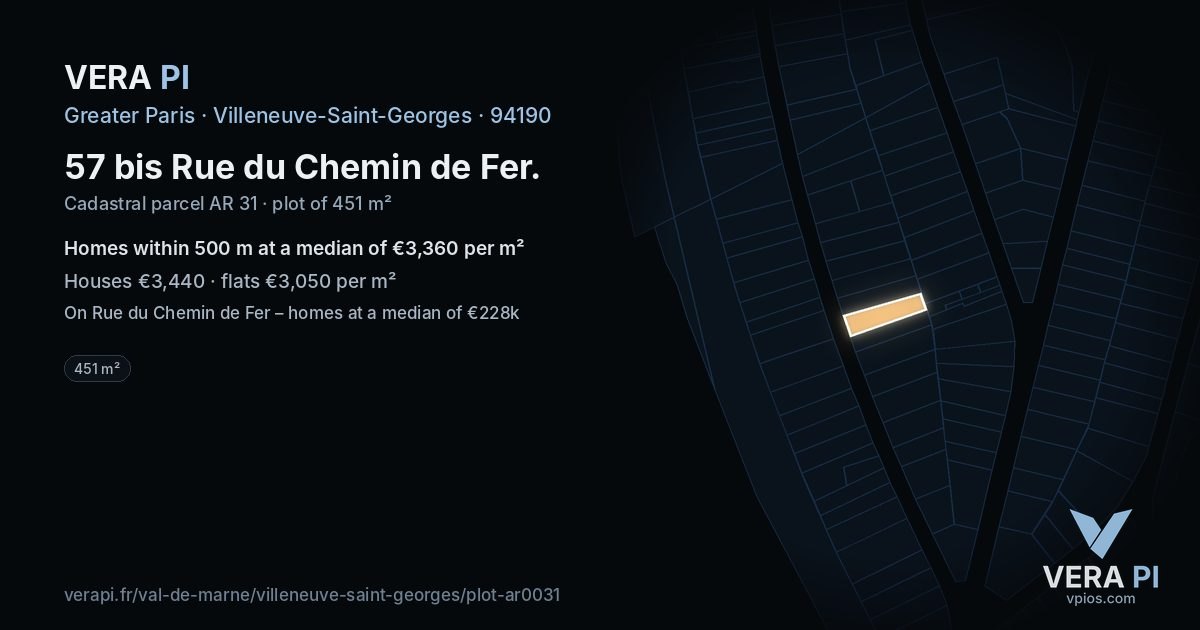 57 bis Rue du Chemin de Fer, Villeneuve-Saint-Georges at night – the plot lit, the parcels around coloured by the prices near them