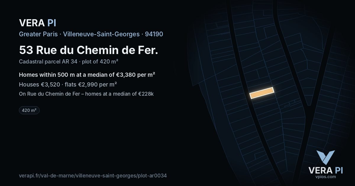 53 Rue du Chemin de Fer, Villeneuve-Saint-Georges at night – the plot lit, the parcels around coloured by the prices near them