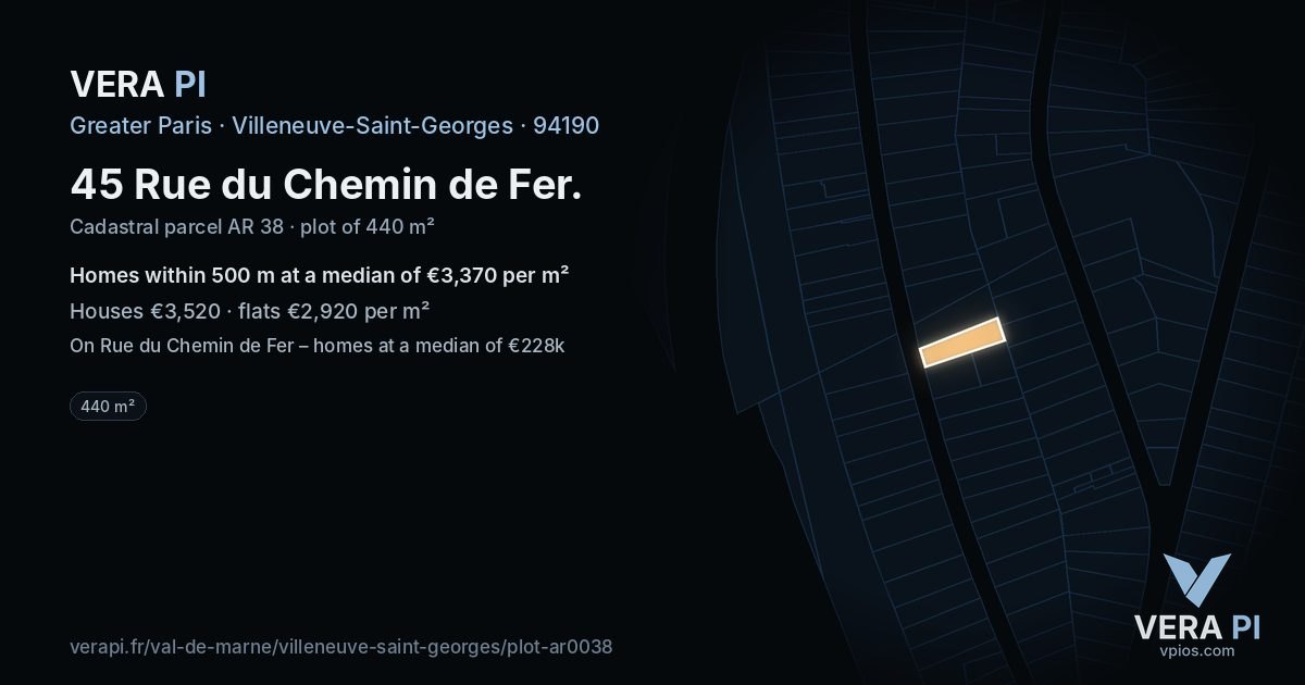 45 Rue du Chemin de Fer, Villeneuve-Saint-Georges at night – the plot lit, the parcels around coloured by the prices near them