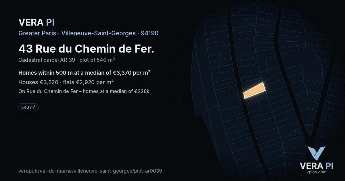 43 Rue du Chemin de Fer, Villeneuve-Saint-Georges at night – the plot lit, the parcels around coloured by the prices near them