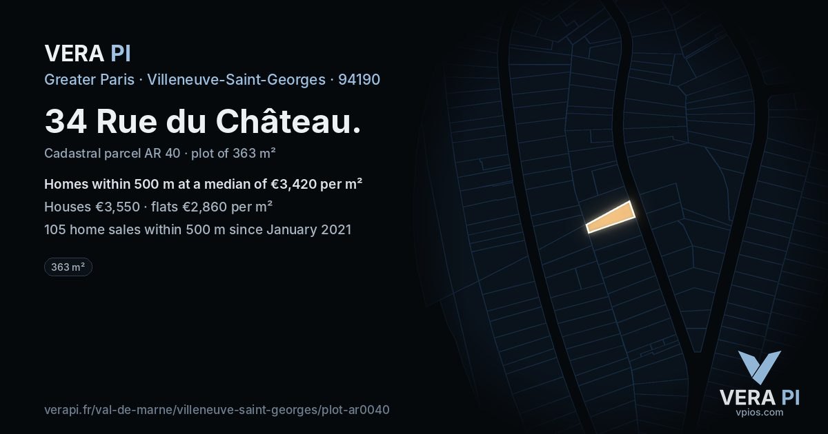 34 Rue du Château, Villeneuve-Saint-Georges at night – the plot lit, the parcels around coloured by the prices near them