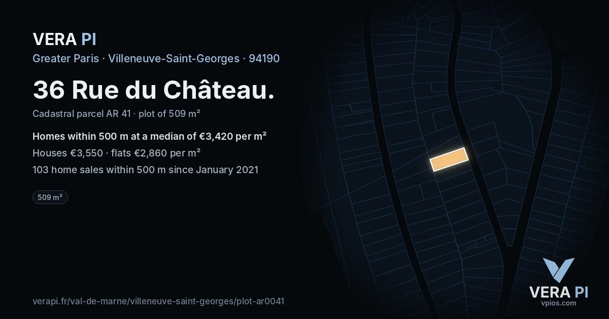 36 Rue du Château, Villeneuve-Saint-Georges at night – the plot lit, the parcels around coloured by the prices near them
